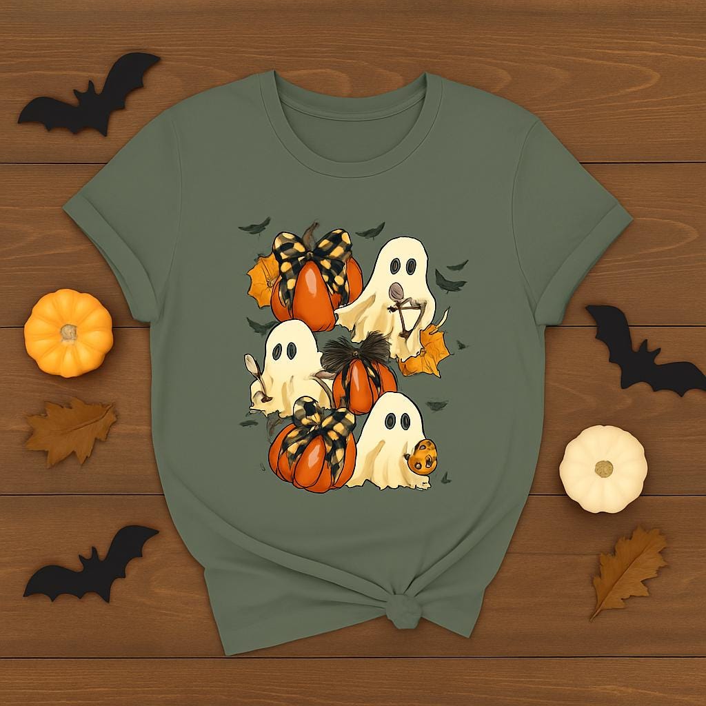 Cute Ghost & Pumpkin Halloween Shirt | Spooky Season Graphic Tee for Women | Fall Autumn Outfit | Trick or Treat T-Shirt | Bella Canvas 3001