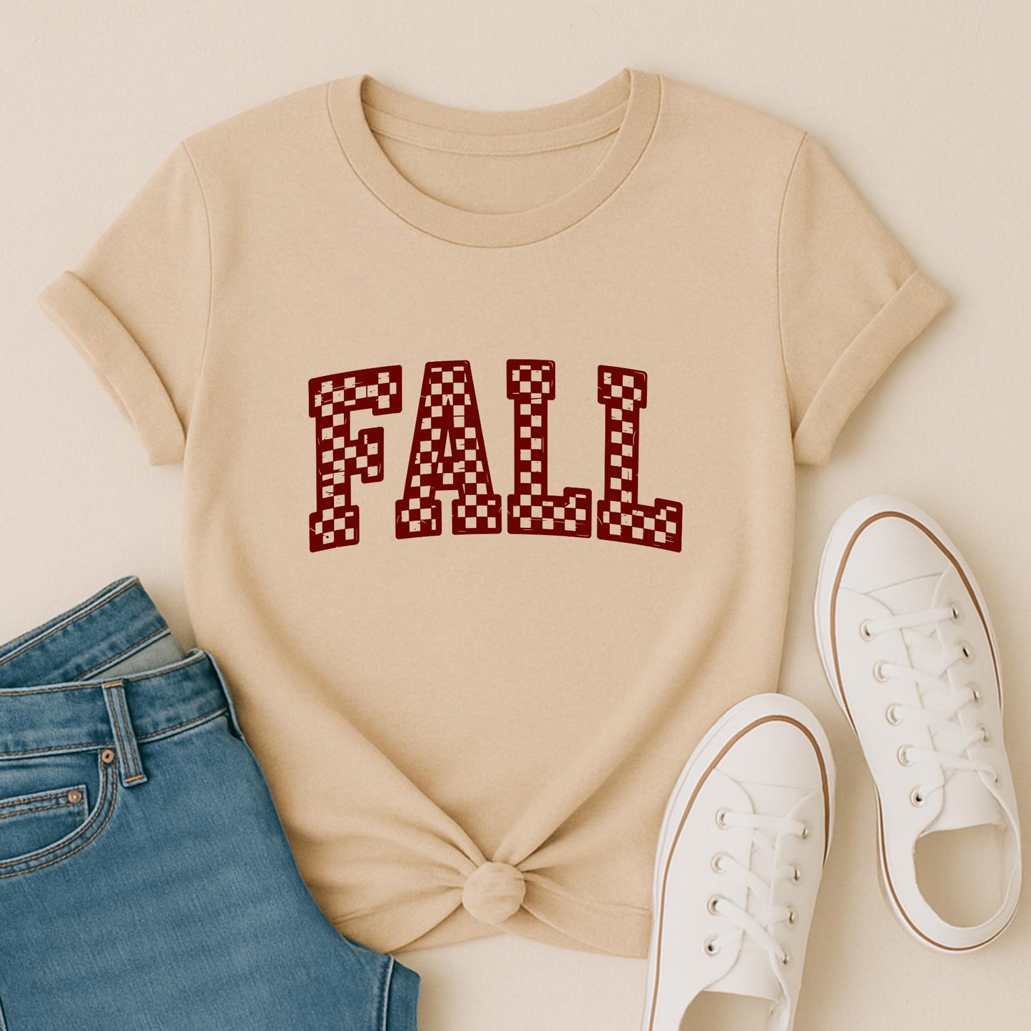 Fall Checkerboard Graphic Tee - Retro Autumn T-Shirt
