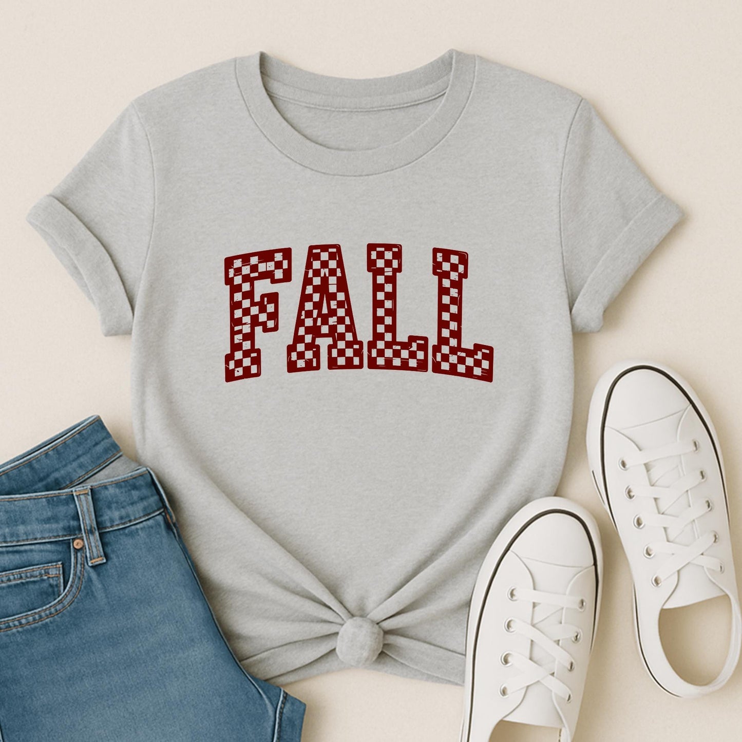 Fall Checkerboard Graphic Tee - Retro Autumn T-Shirt