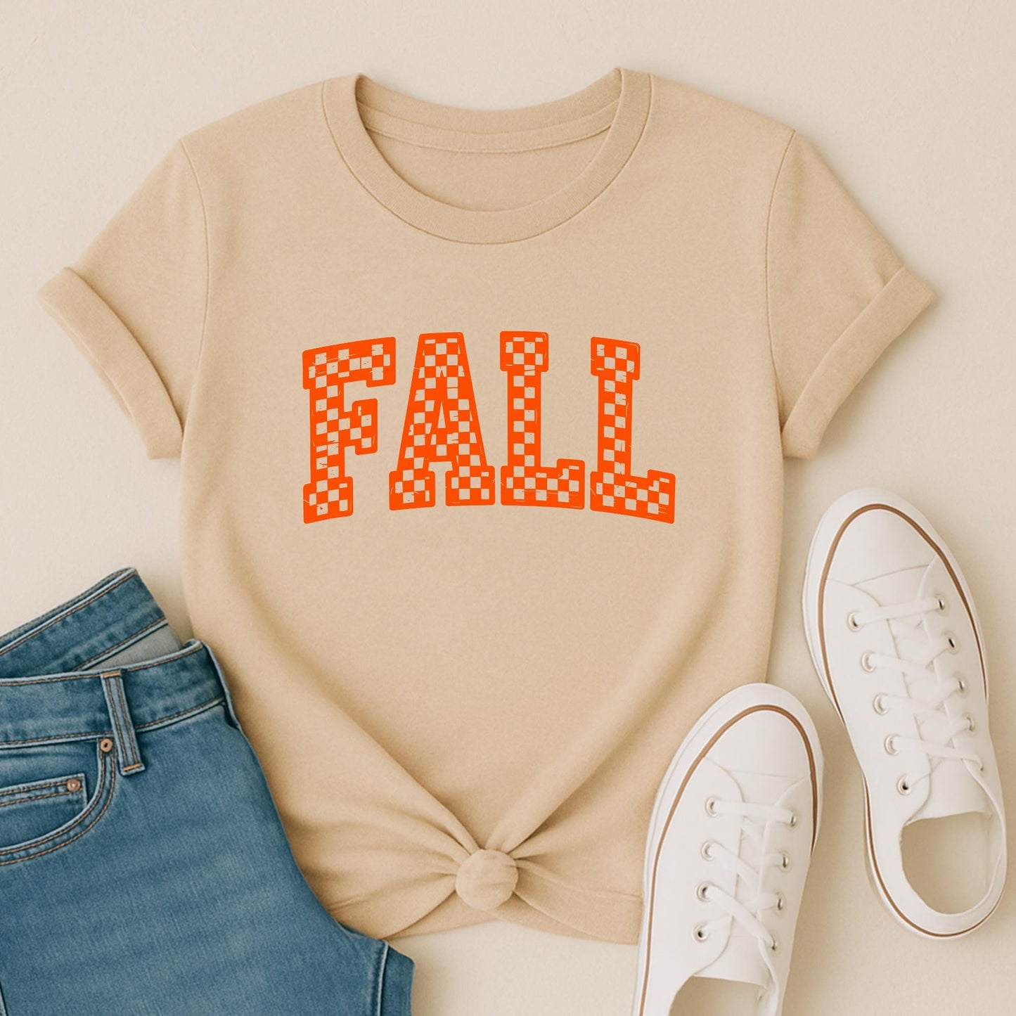 Checkered Fall Graphic Tee: Retro Autumn T-Shirt (PNG Design)
