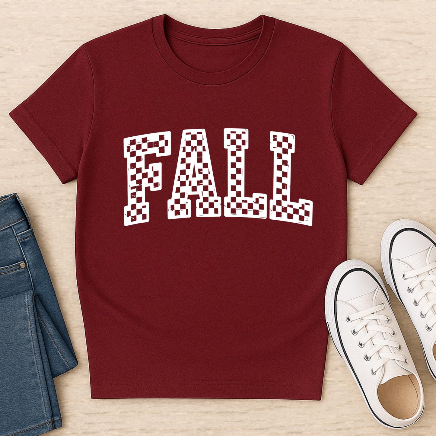 Checkered Fall Graphic Tee: Retro Autumn T-Shirt (PNG Design)