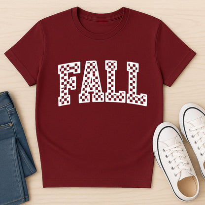 Checkered Fall Graphic Tee: Retro Autumn T-Shirt (PNG Design)
