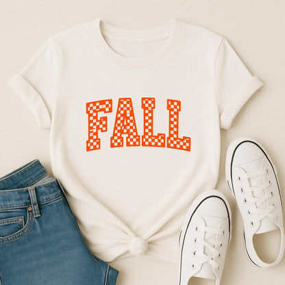 Checkered Fall Graphic Tee: Retro Autumn T-Shirt (PNG Design)