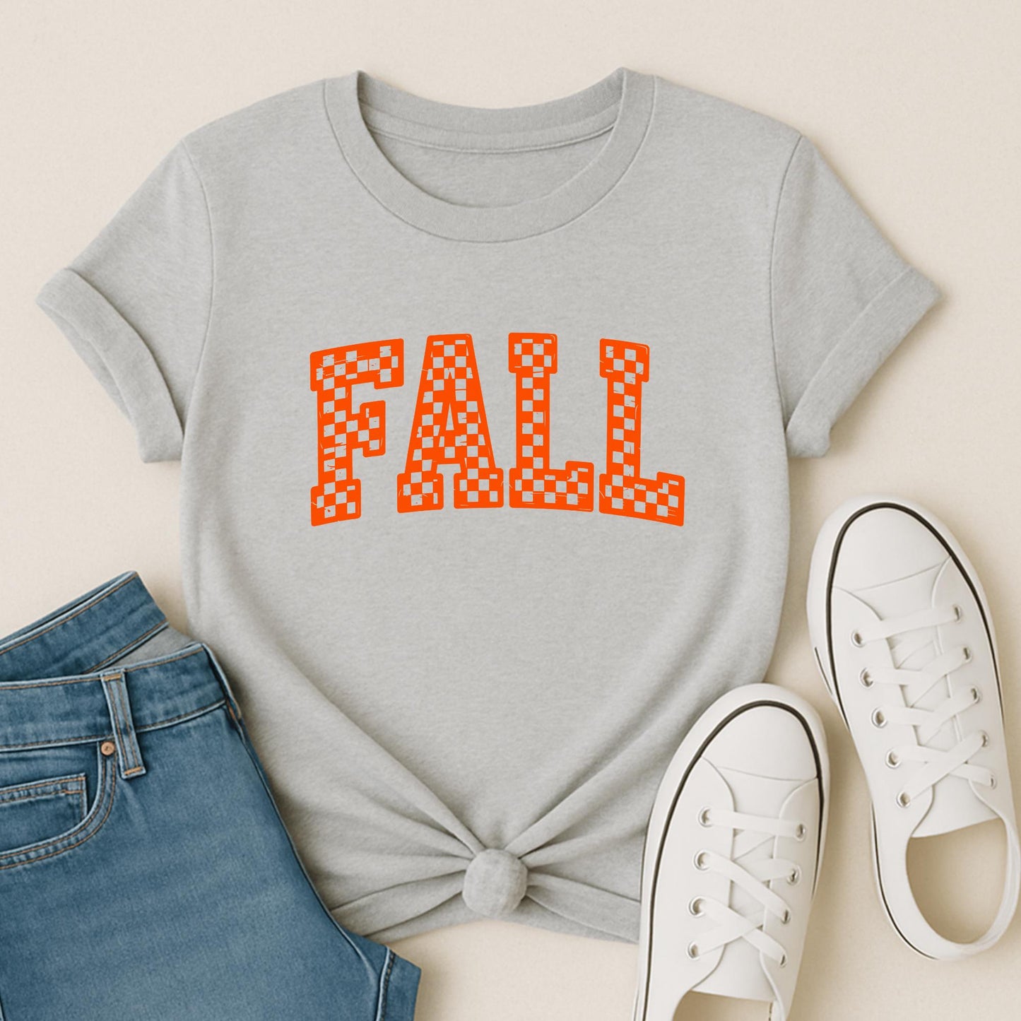 Checkered Fall Graphic Tee: Retro Autumn T-Shirt (PNG Design)