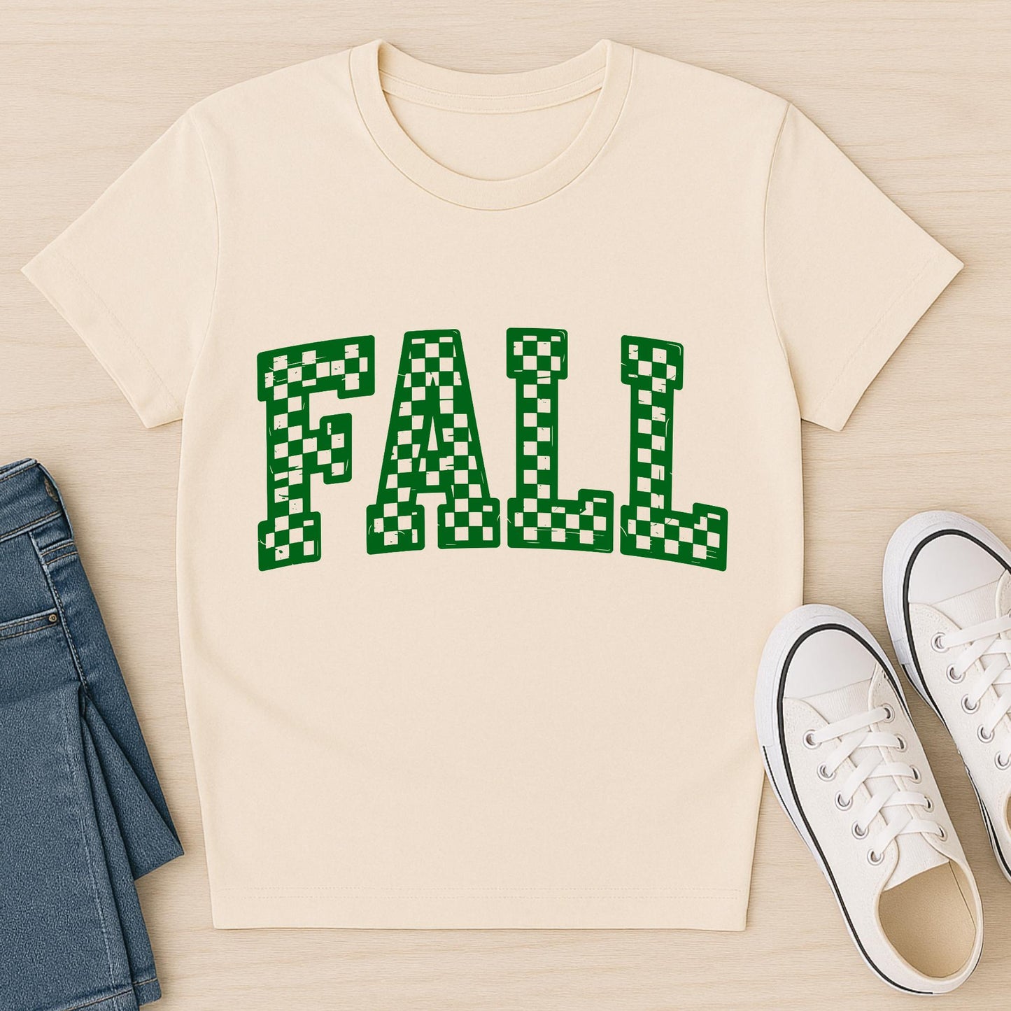 Checkered Fall Graphic Tee: Retro Autumn T-Shirt (PNG Design)